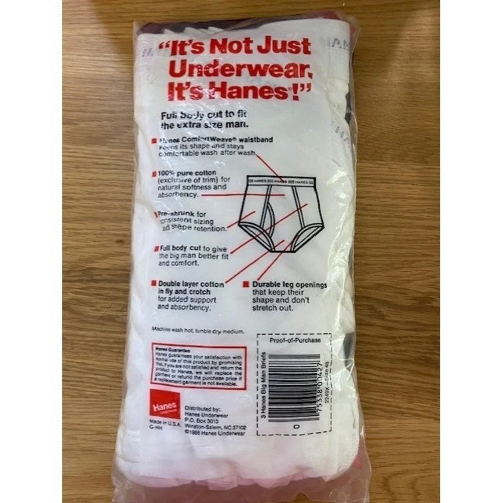 Hanes Briefs Men Size 48 White New 3-Pack Vintage 1988 Big Man Cotton USA Made